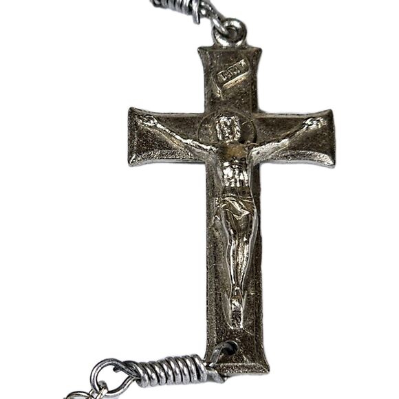 Catholic Rosary Bracelet Red Beads Silver Tone Crucifix & Virgin Mary Medal VTG - Picture 2 of 10